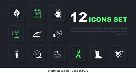 Set Waterproof rubber boot, Garden hose, Gardening scissors, Leaf, Calendar with autumn leaves and Watering can icon. Vector