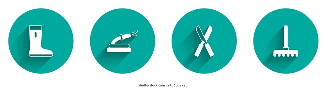 Set Wasserdichter Gummistiefel, Gartenschlauch, Gartenschere und Rechen-Ikone mit langem Schatten. Vektorgrafik