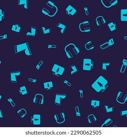 Set Waterproof rubber boot, Hacksaw, Headphones and Location the forest on seamless pattern. Vector