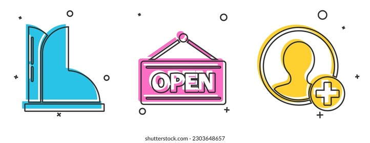 Set Waterproof rubber boot, Hanging sign with Open and Create account screen icon. Vector