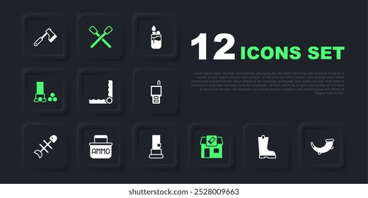Set Waterproof rubber boot, Hunting horn, Trap hunting, shop, Cartridges, Ammunition box, Burning match with fire and  icon. Vector