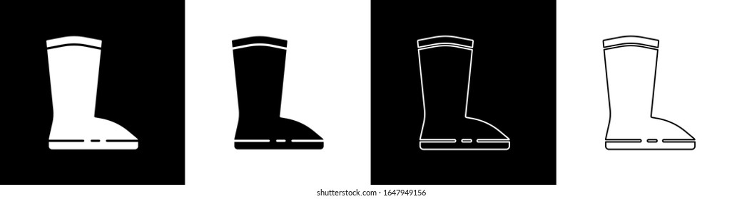 Set Waterproof rubber boot icon isolated on black and white background. Gumboots for rainy weather, fishing, gardening.  Vector Illustration