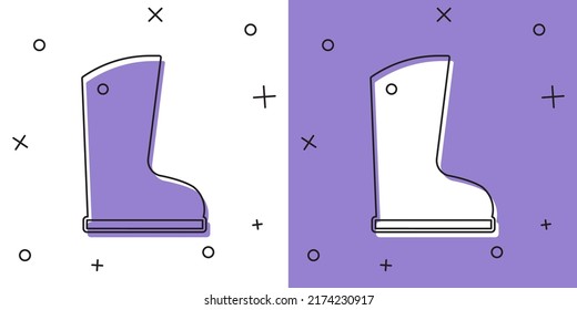 Set Waterproof rubber boot icon isolated on white and purple background. Gumboots for rainy weather, fishing, gardening.  Vector