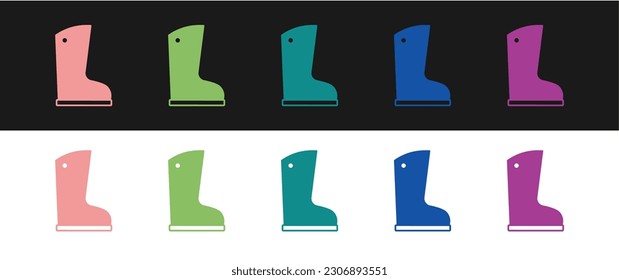 Set Waterproof rubber boot icon isolated on black and white background. Gumboots for rainy weather, fishing, gardening.  Vector