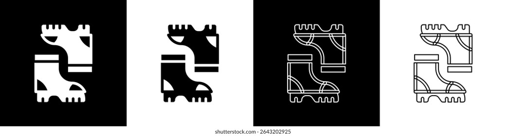 Set Waterproof rubber boot icon isolated on black and white background. Gumboots for rainy weather, fishing, gardening.  Vector