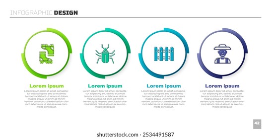 Set Waterproof rubber boot, Insect fly, Garden fence wooden and Farmer in the hat. Business infographic template. Vector