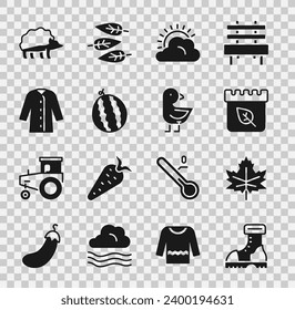 Set Waterproof rubber boot, Leaf or leaves, Calendar with autumn, Sun and cloud weather, Watermelon, Raincoat, Hedgehog and Little chick icon. Vector