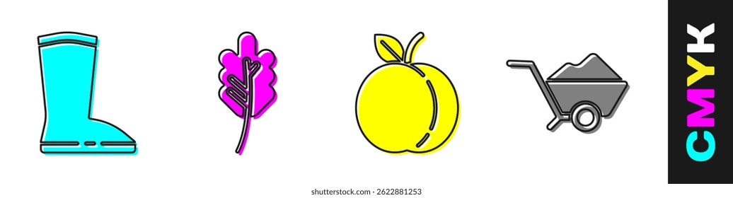 Set Waterproof rubber boot, Leaf or leaves, Peach fruit and Wheelbarrow with dirt icon. Vector