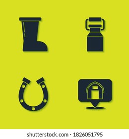 Fijar funda de caucho impermeable, casa de granja de ubicaciones, herradura y recipiente Can para el icono de leche. Vector.