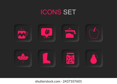 Set Waterproof rubber boot, Location with leaf, Cup tea, Pickled cucumbers in jar, Apple, Pear, Teapot and Leaf icon. Vector