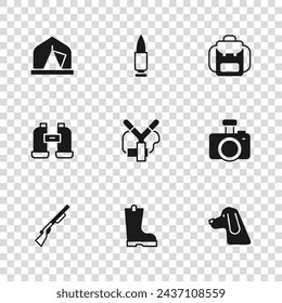 Set Waterproof rubber boot, Photo camera, Hunting dog, Slingshot, Hiking backpack, Tourist tent, Bullet and Binoculars icon. Vector