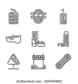 Die wasserdichte Gummistiefel, Die Ribbon in der Ziellinie, Snowboard, Thermoskanne, Straßenschilderavalanches, Biathlon-Gewehr, Identifizierungszeichen und Stein für das Curling-Symbol. Vektorgrafik