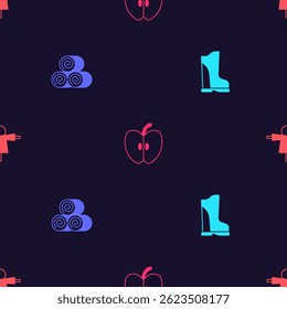 Set Waterproof rubber boot, Roll hay, Apple and Scarecrow on seamless pattern. Vector