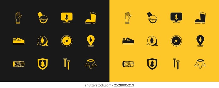 Set Waterproof rubber boot, Shield with tree, Circular saw blade, Metallic nails, Tree, Location the forest, Protective gloves and Electric circular icon. Vector