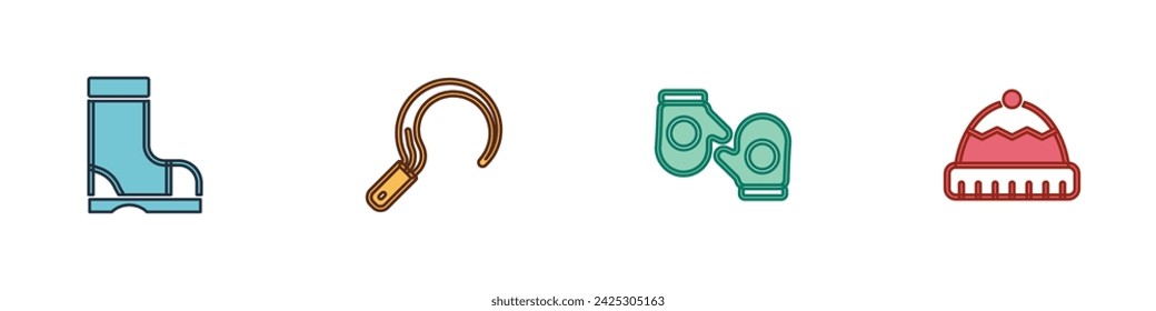 Set Waterproof rubber boot, Sickle, Christmas mitten and Winter hat icon. Vector