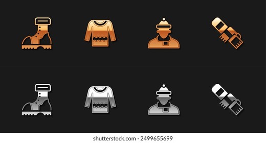 Set Waterproof rubber boot, Sweater, Autumn clothes and Winter scarf icon. Vector