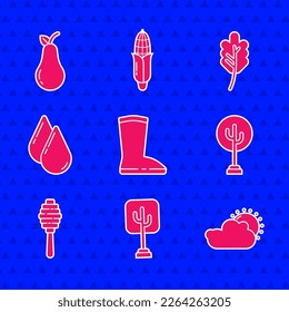 Set Waterproof rubber boot, Tree, Sun and cloud weather, Honey dipper stick, drop, Leaf or leaves and Pear icon. Vector
