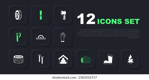 Set Waterproof rubber boot, Tree, Electric circular saw, Wooden log, axe, Metallic nails, Chisel tool and logs icon. Vector