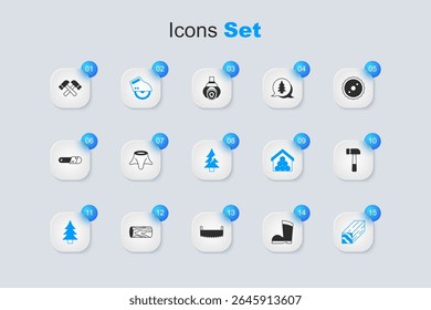 Set Waterproof rubber boot, Tree stump, Electric circular saw, Wooden beam, Hammer, Crossed hammer and  icon. Vector