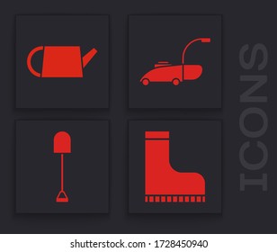 Ajuste la funda de goma impermeable, la lata de agua, la cortadora de césped y el icono de la pala. Vector