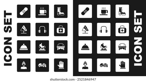 Set Waterproof rubber boot, Winter headphones, Road sign avalanches, Snowboard, First aid kit, Hot chocolate cup, Hockey helmet and hat icon. Vector