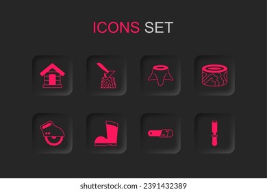 Set Waterproof rubber boot, Wooden axe in stump, Dog house, Chainsaw, logs, Chisel tool, Tree and Electric circular icon. Vector