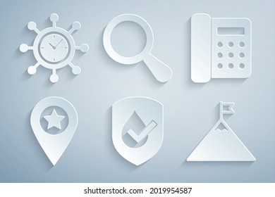 Set Waterproof, Telephone, Location with star, Mountains and flag, Magnifying glass and Clock gear icon. Vector