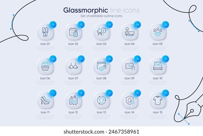 Set of Waterproof, Wallet and Baggage line icons for web app. Dresser, T-shirt, Deckchair icons. Pillows, Shoes, Buyers signs. Online shopping, Bra, Change clothes. Discount coupon. Vector