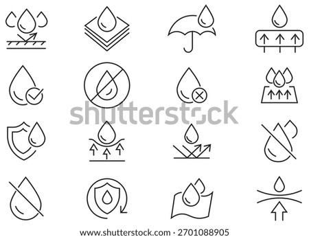 Set of waterproof water resistant materials vector linear icons set. Damp proofing and protection against moisture. Waterproof surface protection outline clip arts. Water permeability of a material. 