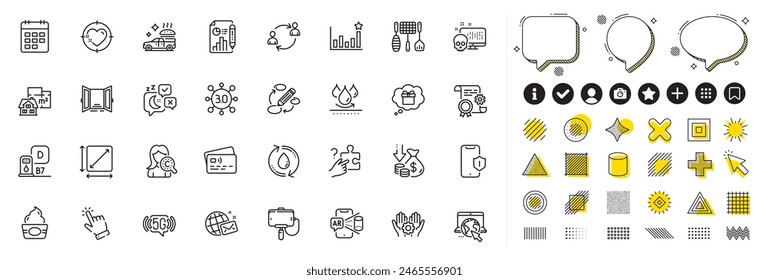 Conjunto de iconos de línea de estación impermeable, Web 3 y diesel para App de Web. Elementos de diseño, íconos de medios sociales. Cursor, Comunicación de usuario, Herramientas de la parrilla iconos. Objetivo del corazón, tarjeta, Búsqueda signos de rompecabezas. Vector