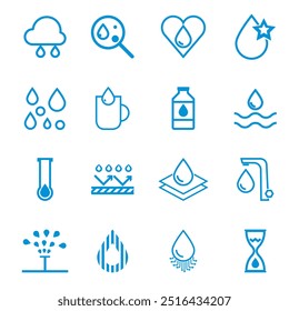 A set of water-related icons. Technical icons for water, a water logo, indication of water resistance, irrigation, rain and moisture.