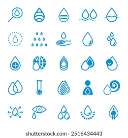A set of water-related icons. Technical icons for water, a water logo, indication of water resistance, irrigation, rain and moisture.