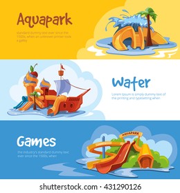 Conjunto de toboágua em um parque aquático. Ilustrações vetoriais. Design de conceito de desenho animado para web, site, publicidade, banner, cartaz, placa e impressão. Imagens com lugar para o seu texto