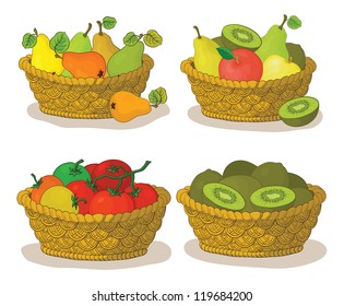 Set wattled baskets with fruits and vegetables: pears, apples, tomatoes and kiwifruits. Vector,