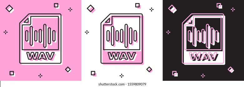 Set WAV file document. Download wav button icon isolated on pink and white, black background. WAV waveform audio file format for digital audio riff files.  Vector Illustration