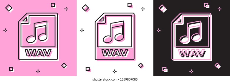 Set WAV file document. Download wav button icon isolated on pink and white, black background. WAV waveform audio file format for digital audio riff files.  Vector Illustration