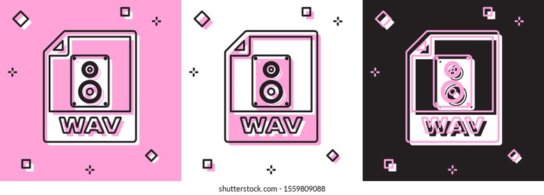 Set WAV file document. Download wav button icon isolated on pink and white, black background. WAV waveform audio file format for digital audio riff files.  Vector Illustration