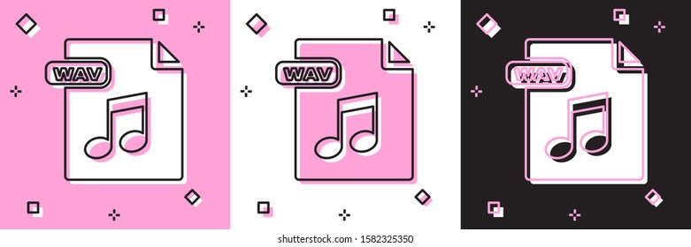 Set WAV file document. Download wav button icon isolated on pink and white, black background. WAV waveform audio file format for digital audio riff files.  Vector Illustration