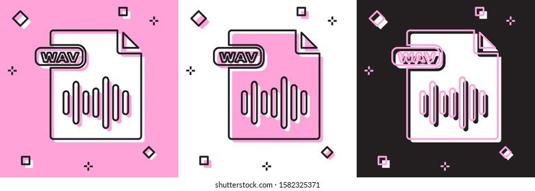 Set WAV file document. Download wav button icon isolated on pink and white, black background. WAV waveform audio file format for digital audio riff files.  Vector Illustration