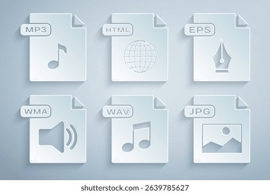 Set WAV file document, EPS, WMA, JPG, HTML and MP3 icon. Vector