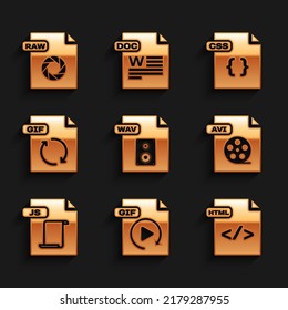 Establezca el documento de archivo WAV, el icono GIF, HTML, AVI, JS, CSS y RAW. Vector