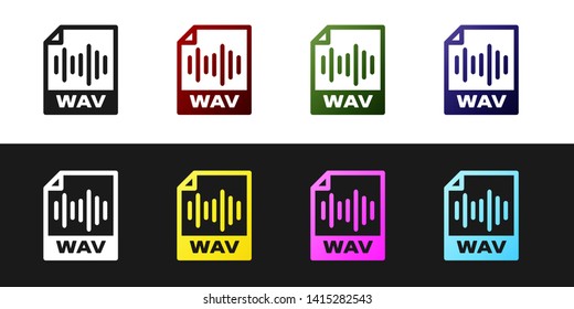 Set WAV file document icon. Download wav button icon isolated on black and white background. WAV waveform audio file format for digital audio riff files. Vector Illustration