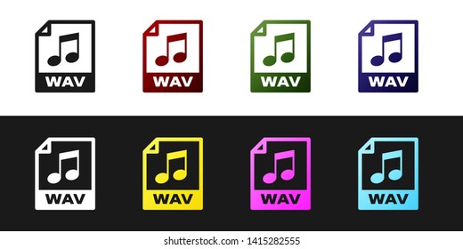 Set WAV file document icon. Download wav button icon isolated on black and white background. WAV waveform audio file format for digital audio riff files. Vector Illustration