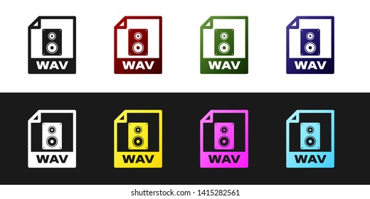 Set WAV file document icon. Download wav button icon isolated on black and white background. WAV waveform audio file format for digital audio riff files. Vector Illustration