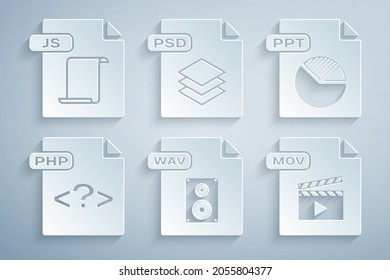 Set WAV file document, PPT, PHP, MOV, PSD and JS icon. Vector