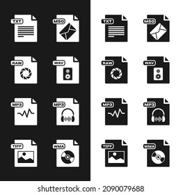 Set WAV file document, RAW, TXT, MSG, MP3, WMA and TIFF icon. Vector
