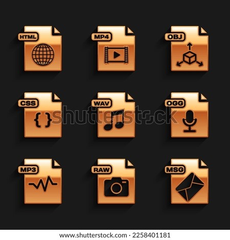 Set WAV file document, RAW, MSG, OGG, MP3, CSS, OBJ and HTML icon. Vector