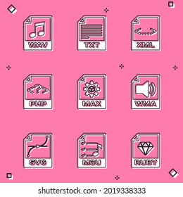 Legen Sie das WAV-Dateidokument, TXT, XML, PHP, MAX und WMA-Symbol fest. Vektorgrafik