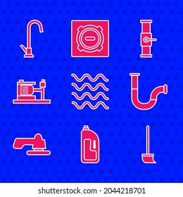 Set Wave, Container with drain cleaner, Mop, Industry metallic pipe, Water tap, Electric water pump, and valve and  icon. Vector