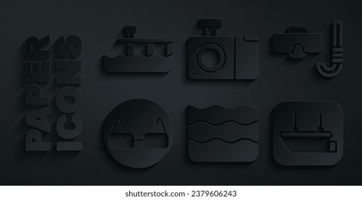 Set Wave, Diving mask and snorkel, Glasses, Lifeboat, Photo camera and Beach pier dock icon. Vector